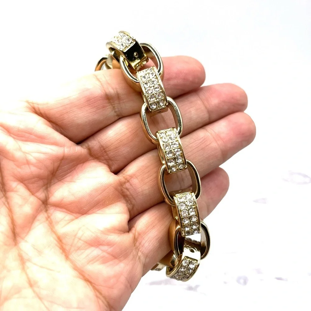 Banana Republic Gold Sparkle Crystals Link Chain Bracelet Large Bold VTG